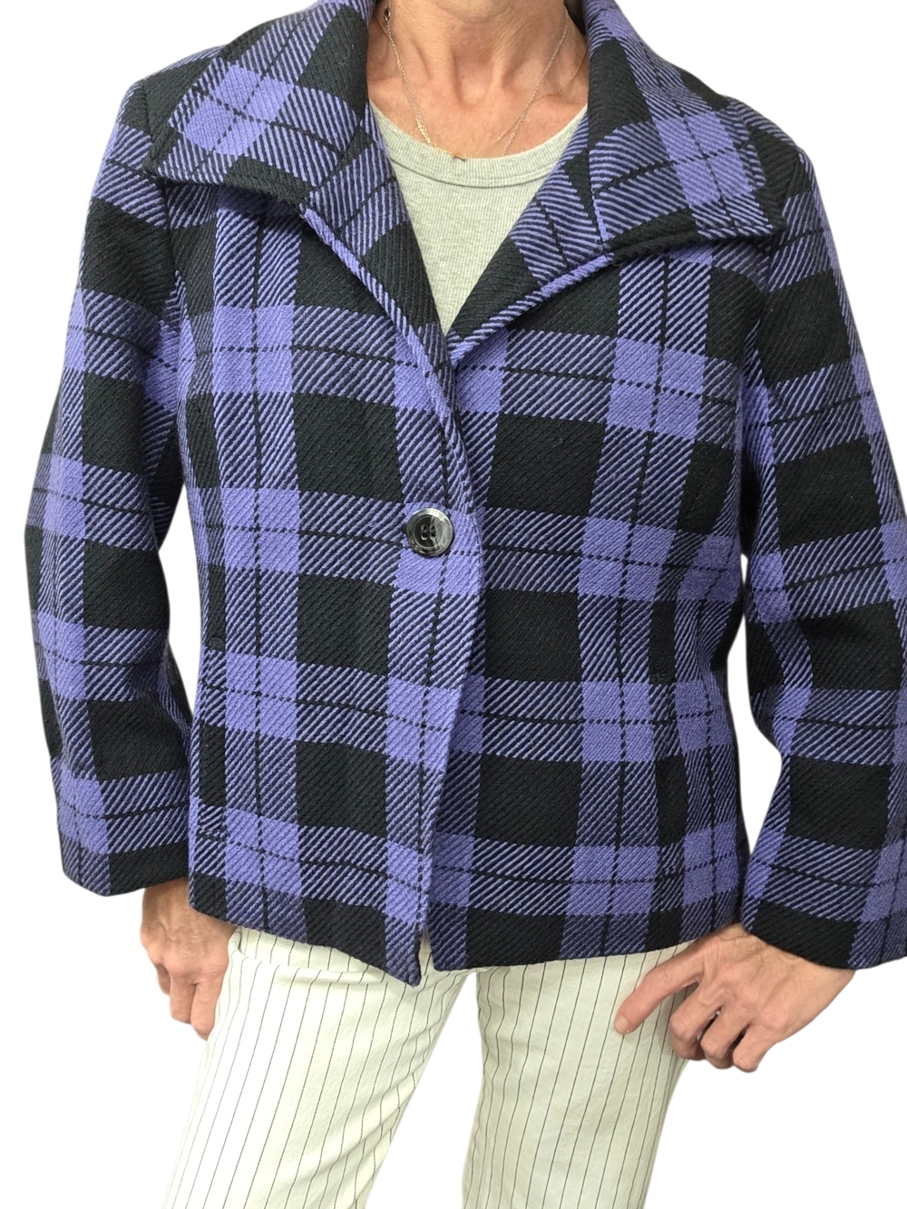 Evan Picone Purple Black Plaid Cropped Wool Blend Jacket 14